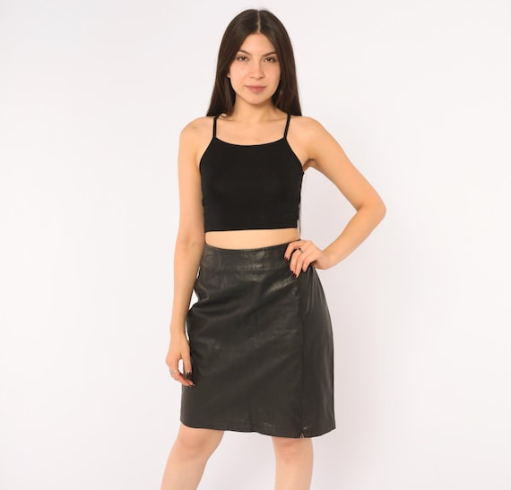 Black Leather Pencil Skirt Y2K High Waist 2000s Corporate Goth Office Rocker Biker Grunge Gothic Alt Party Night Out Vintage Large L