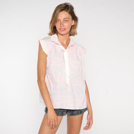 Pink Ascot Blouse 80s Necktie Top Retro Cap Sleeve Secretary Shirt Preppy Pussy Bow Retro Pastel Abstract Print Summer Vintage 1980s Small S