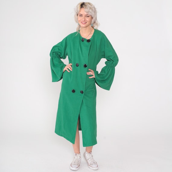 Bell Sleeve Coat Y2K Vintage Green Double Breasted Jacket Kelly Emerald Oversized Button Front Flared Long Winter Outerwear Large L