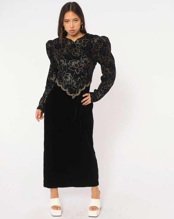 90s Black Velvet Dress Scott Mcclintock Floral Open Back Puff Sleeve Ankle Length Gold Burgundy Long Sleeve Evening Gown Vintage Large L
