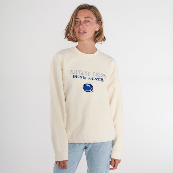 Penn State Sweatshirt 90s University Sweater Embroidered Nittany Lions Football Graphic Shirt Sports College Cream Blue 1990s Vintage Large
