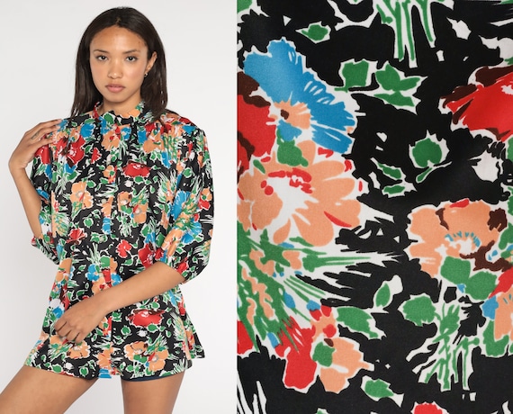 70s Floral Shirt Black Multicolored Boho Shirt Button Up Flower Print Bohemian Blouse 1970s Hippie Vintage 3/4 Sleeve Extra Large xl