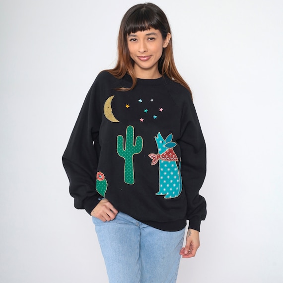Vintage Southwest Sweatshirt 90s Black Star Studded Sweatshirt Desert Coyote Cactus Moon Graphic Shirt Retro Raglan Sleeve 1990s Large xl