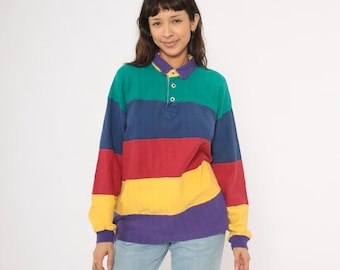 90s Color Block Rugby Polo Striped Herringbone Teal Navy Burgundy Mustard Purple Cotton Long Sleeve Collar Preppy Collegiate Shirt Large L