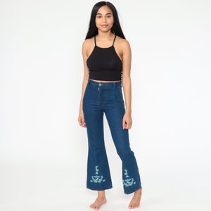 90s Bell Bottoms Embroidered Floral Pants Y2K Dark Blue Denim Jeans Heart Mid Rise Trouser Flared Hippie 00s Bohemian Vintage Extra small XS