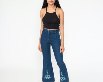 90s Bell Bottoms Embroidered Floral Pants Y2K Dark Blue Denim Jeans Heart Mid Rise Trouser Flared Hippie 00s Bohemian Vintage Extra small XS