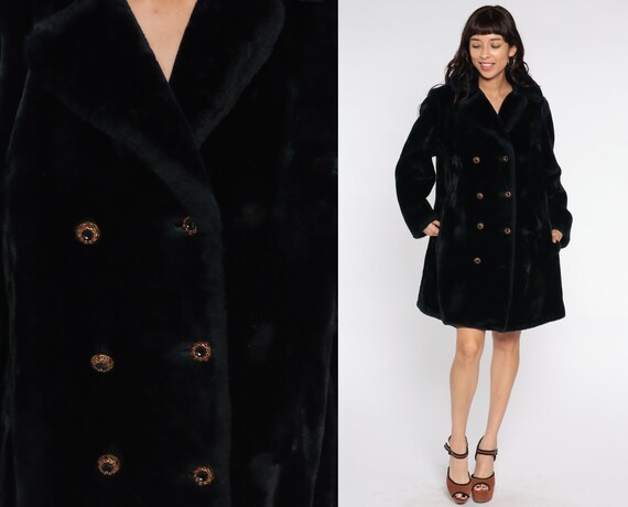 Christian Dior Faux Fur Coat Black PEACOAT 70s Double Breasted Jacket Fake Fur Button Pea Coat 1970s Vegan Winter Vintage Large L