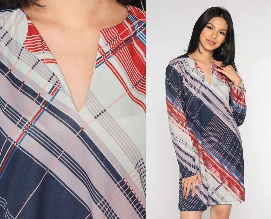 70's Red with Black and White Embroidered Stripe Cotton Shift Dress main image 1