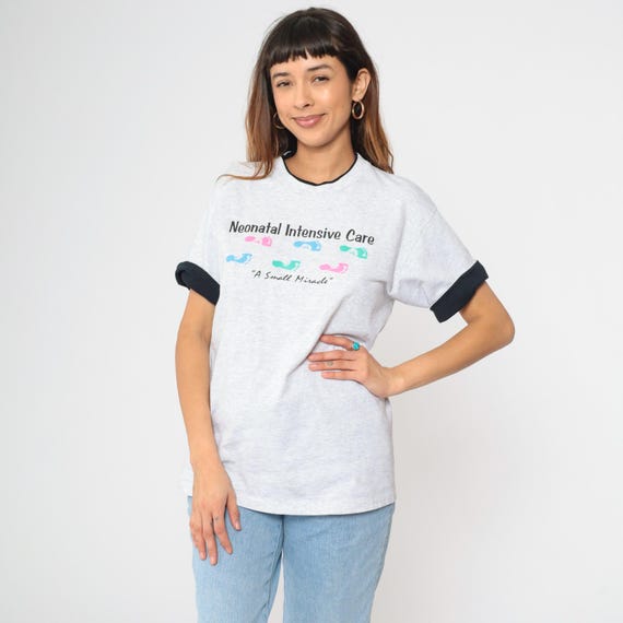 Vintage 90s Neonatal Intensive Care T-Shirt Gray Black Ringer Tee Baby Footprint NICU A Small Miracle 1990s Cuffed Short Sleeve Medium M