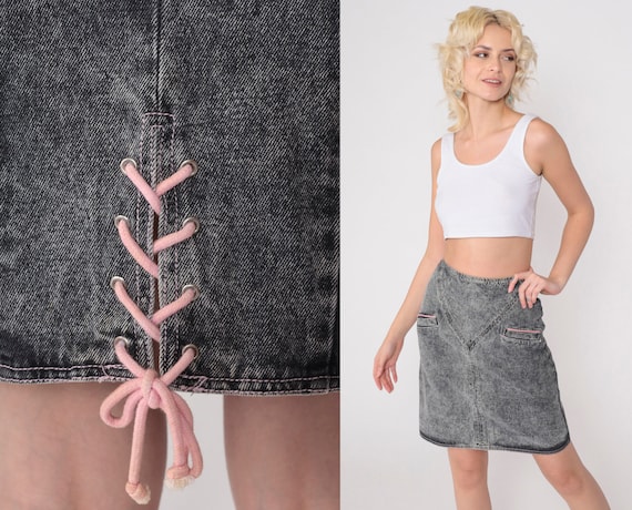 80s Acid Wash Jean Skirt Grey Lace Up Denim Mini … - image 1