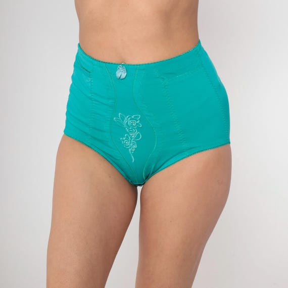 Vintage Y2K High Waisted Panties Teal Green Embroidered Floral Rhinestone Briefs Shapewear 2000s Lingerie Extra Large xl