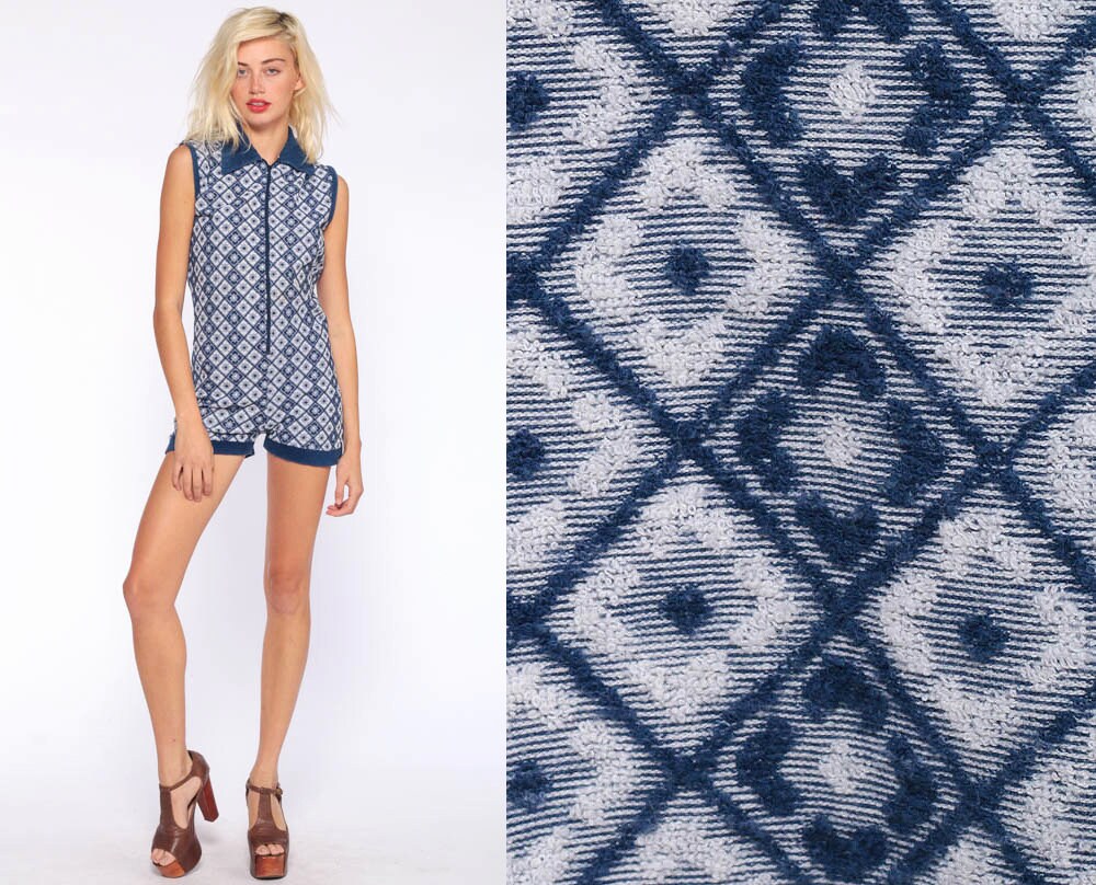 70s romper shorts terry cloth romper blue mod romper geometric one