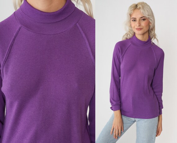 Purple Turtleneck Shirt 80s Top Long Sleeve Shirt 1980s Funnel Retro Turtle Neck Top Vintage Simple Raglan Sleeve Extra Small xs