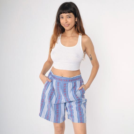 Vintage 90s Striped Cotton Shorts Nautical Sailboat Pattern Blue White Red Elastic Waist Casual Lounge Medium M