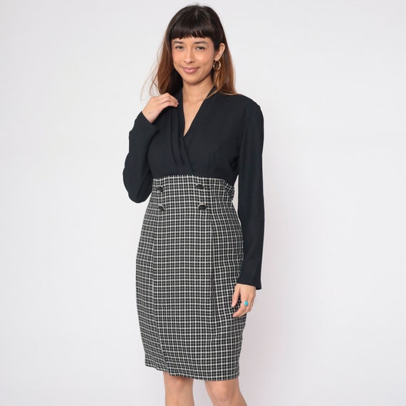 Vintage Checkered Sheath Dress 90s Black White Faux Wrap Dress Midi Double Breasted Dark Academia Pencil Long Sleeve Office Secretary Medium