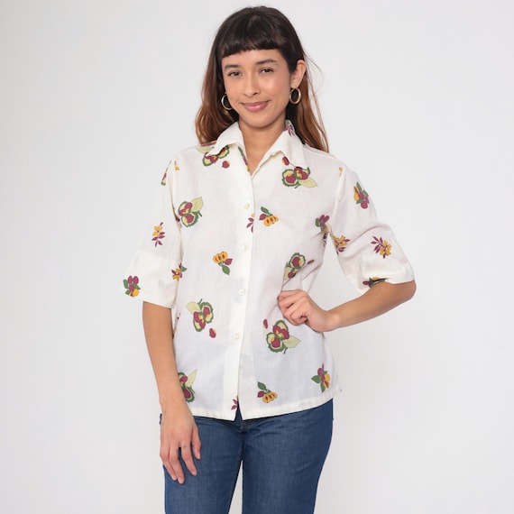 Vintage Fruit Print Blouse 70s Bohemian White Button Up Shirt Short Sleeve Chestnut Novelty Top Boho Hippie 1970s Semi Sheer Medium 36