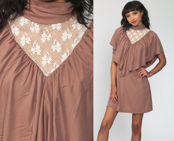 70s Lace Dress Mini Cape Bib Mocha Boho Dress 197… - image 1