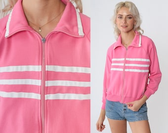 Vintage 80s Pink, White, Blue Stripe Zipper Track Jacket Modeled