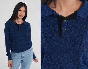 Dark Blue Collared Sweater 80s Knit Pullover Sweater Button Up Polo Sweater Henley Retro Preppy Flecked Vintage 1980s Acrylic Medium Large