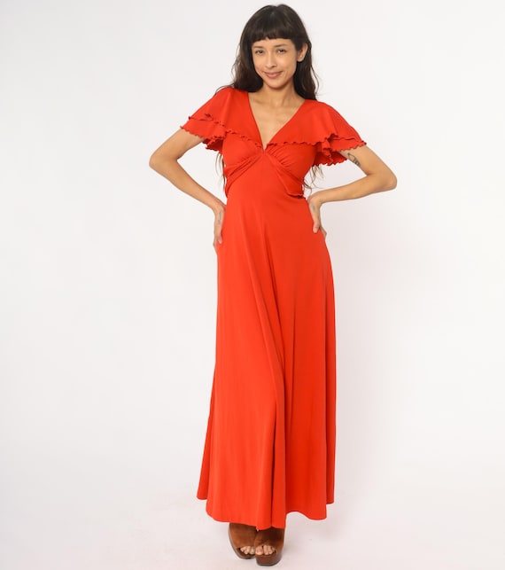 70s Red Orange Maxi Wrap Dress Disco Flutter Ruffle Sleeve V Neck Vintage Party Gown Coral Evening Cocktail Long Formal 1970s Small S