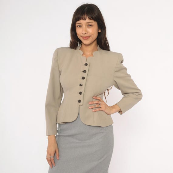 50s Peplum Blazer Taupe Wool Blend Scalloped Neckline Fitted Waist Button Front Jacket Structured Cropped Coat Beige Vintage Small S