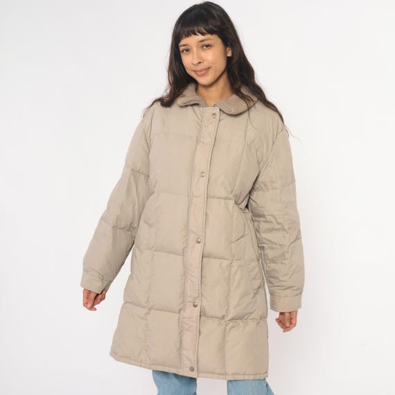 80s Puffer Coat Beige Quilted Down Filled Jacket Knit Collar Button Front Long Neutral Cream Tan Winter Preppy Minimalist Vintage Large L