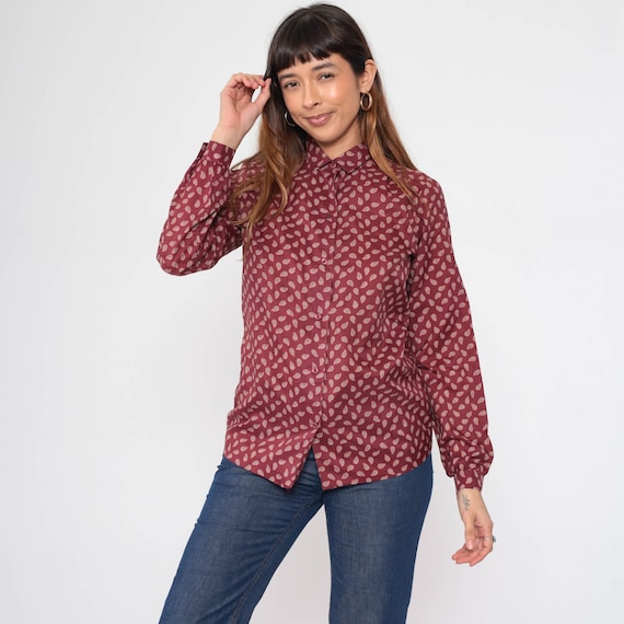 Burgundy Paisley Blouse 80s Button Up Shirt Collar Long Sleeve Top Boho Hippie Psychedelic Secretary Retro 1980s Vintage Bohemian Medium