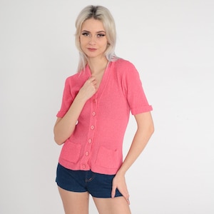 Pink Knit Top 70s 80s Cardigan Shirt Button Up Short Sleeve Sweater Retro Ribbed Basic Blouse V Neck Pockets Knitwear Vintage 1970s Small