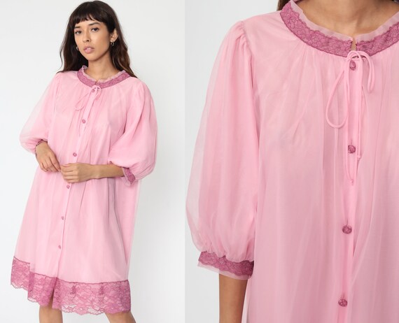 70s Lingerie Robe Pastel Baby Pink Jacket Nightgown Pajama Dress Puff Sleeve Midi Nylon Nightie Boho Tent Vintage Button Up Large