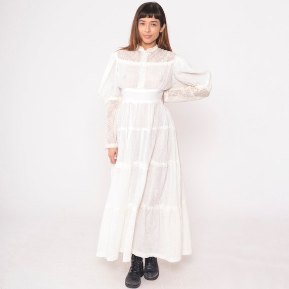 70s Maxi Dress Cottagecore Sheer Gauze Off-White Wedding Lace Overlay High Neck Tie Waist Long Sleeve 1970s Bohemian Maxi Full Length Boho