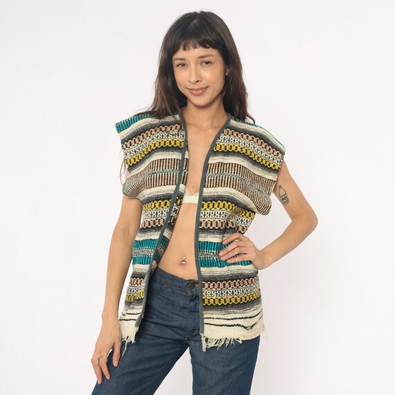 Vintage Woven Mexican Serape Vest Fringe Poncho Blanket Baja Sleeveless Southwest Bohemian Top Aztec Hippie Boho Festival Small