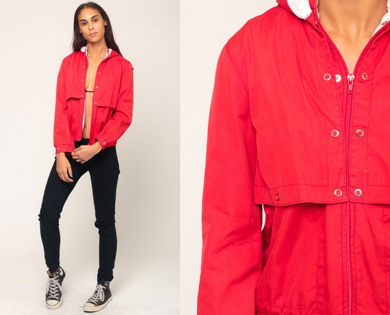 Hooded Jacket Red Jacket CONVERTIBLE VEST 80s Hoodie Windbreaker Coat Hood Cropped Jacket Retro 1980s Vintage Hipster Small