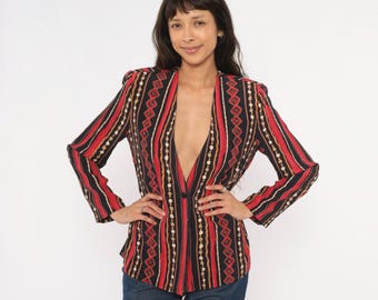 90s Tribal Print Blazer Geometric Stripe Jacket Black Collarless Diamond Pattern Long Sleeve Earth Tone Eclectic Southwestern Top Small S