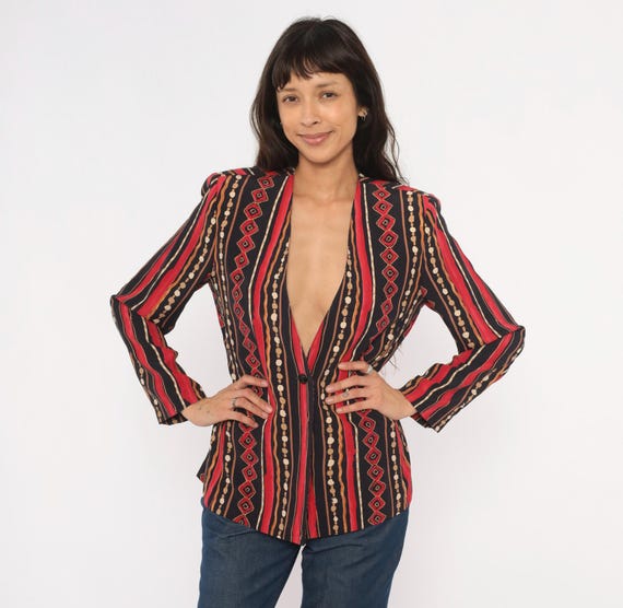 90s Tribal Print Blazer Geometric Stripe Jacket Black Collarless Diamond Pattern Long Sleeve Earth Tone Eclectic Southwestern Top Small S