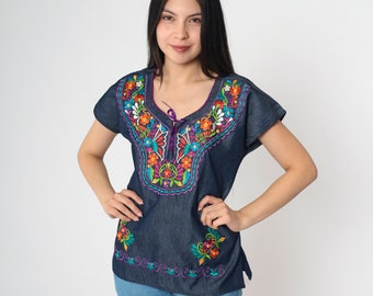 Y2K Chambray Top Embroidered Floral Butterfly Shirt Vintage 2000s Lace Up Corset Style Neckline Boho Short Sleeve Dark Blue Bohemian Small