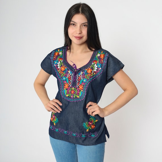 Y2K Chambray Top Embroidered Floral Butterfly Shirt Vintage 2000s Lace Up Corset Style Neckline Boho Short Sleeve Dark Blue Bohemian Small