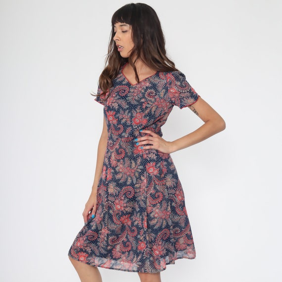 Mod Floral Dress Navy Puff Sleeve Dress 70s Mini Hippie Dress Boho Red 60s Bohemian Shift Dress Vintage Gogo Twiggy Small