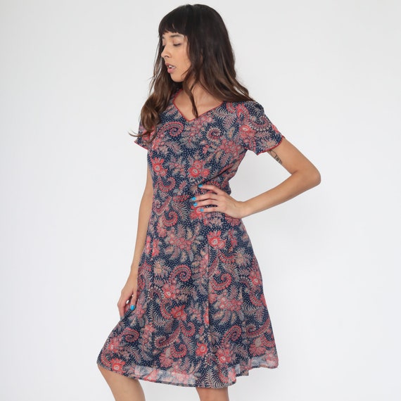 Mod Floral Dress Navy Puff Sleeve Dress 70s Mini … - image 3