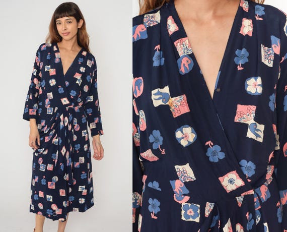 40s Floral Wrap Dress Navy Bird Print Flowers Tie Waist Deep V Neck 3/4 Sleeves Botanical Scattered Loungewear Shapes Vintage Large L