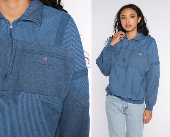 80s Striped Sweatshirt Blue Quarter Zip Sweatshirt Pullover Slouchy 1980s Drawstring Sweatshirt Sportswear Large xl
