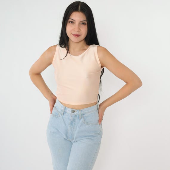 Vintage Shiny Peach Tank Top 90s Plain Bodycon Crop Top Retro Sleeveless Cropped Shirt Tight Fitted 1990s Extra Small xs