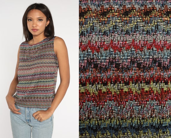 Striped Tank Top Y2K Psychedelic Shirt Rainbow Blouse Bohemian Hippie Shirt Sleeveless Blouse Blue Pink Green Stretchy Vintage 00s Large