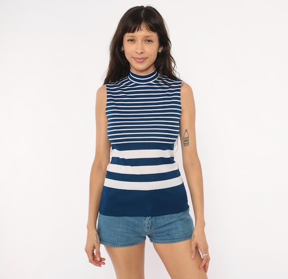 Navy Striped Mock Neck Tank 70s Sleeveless Turtleneck Top White Ribbed Knit Nautical Breton Fitted Blouse Vintage Shirt Small S