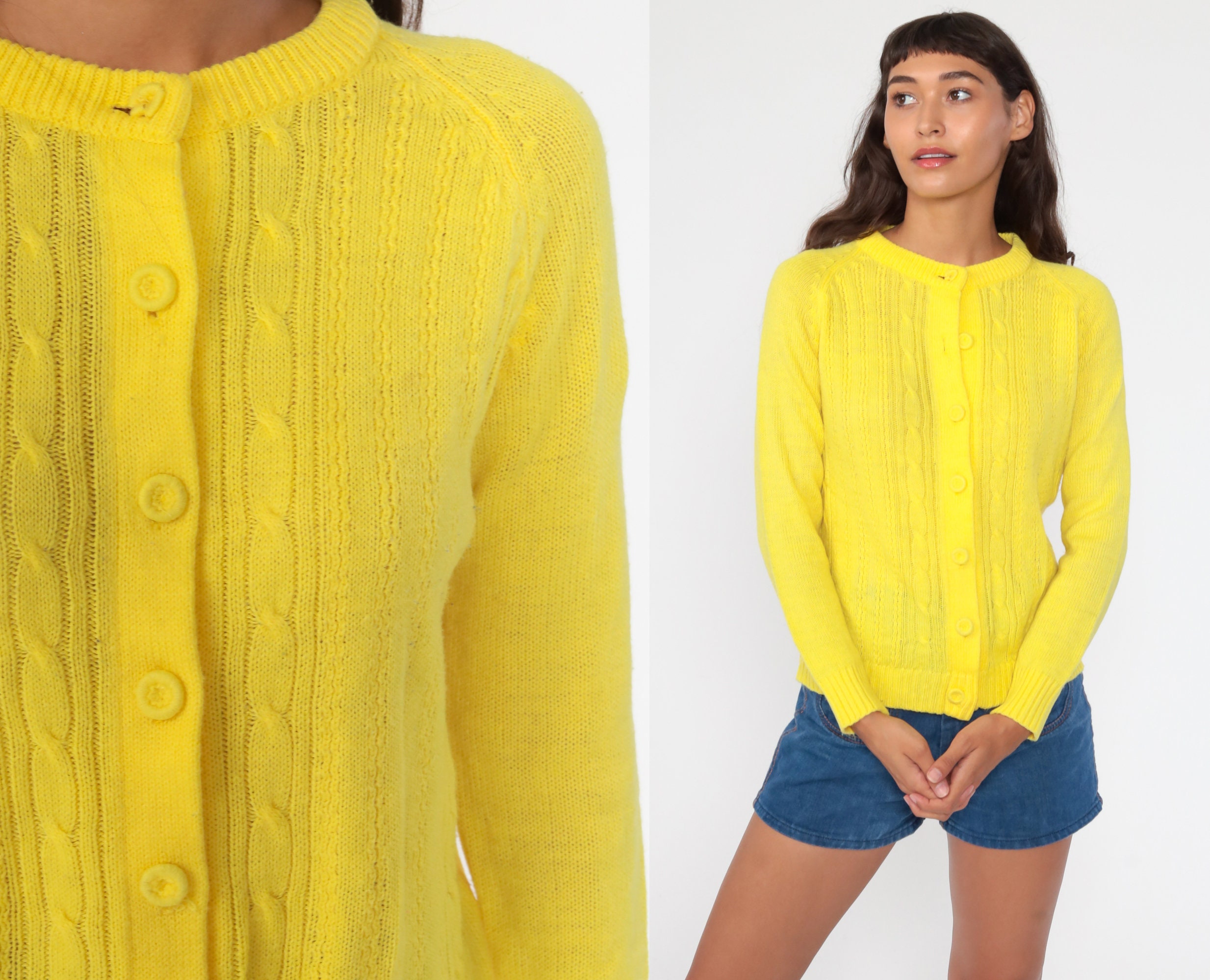 Yellow Cable Knit Cardigan 70s Boho Sweater Bright Grandma Sweater