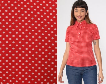 Polka Dot Polo Shirt 70s Half Button up Top Collared T-Shirt Retro Preppy Blouse Short Sleeve Pointed Collar Red White Vintage 1970s Small S