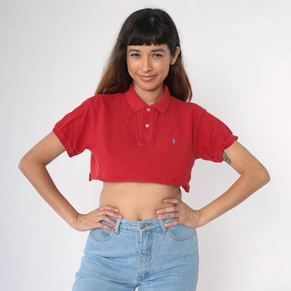 Vintage Ralph Lauren Crop Top 90s Red Cropped Polo Shirt Shirt Raw Cutoff Hem Retro Streetwear Button Up Medium M