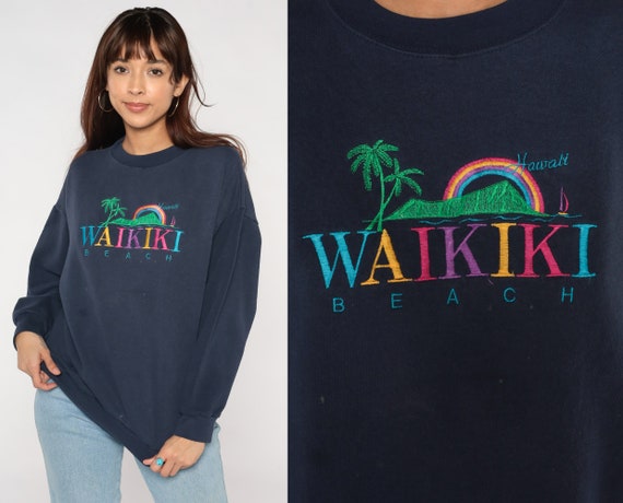 Waikiki Beach Sweatshirt 90s Hawaii Shirt Embroidered Rainbow Palm Tree Island Pullover Crewneck Tourist Navy Blue Vintage 1990s Large L