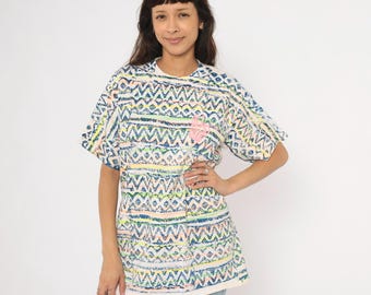 90s Tribal Print Tee Neon Aztec All Over Pattern Cotton White Navy Blue Geometric Zigzag Summer Beach Surfer Unisex Vintage Extra Large XL
