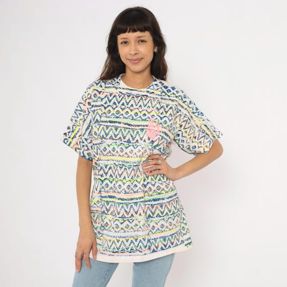 90s Tribal Print Tee Neon Aztec All Over Pattern Cotton White Navy Blue Geometric Zigzag Summer Beach Surfer Unisex Vintage Extra Large XL