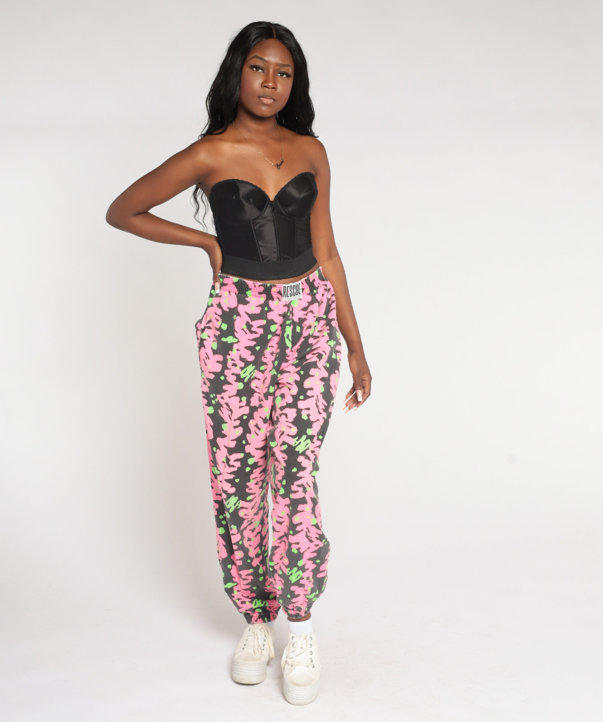 90s Jogger Pants Neon Black Baggy Pink Squiggle Brushstroke Print Relaxed Hammer Pants Retro